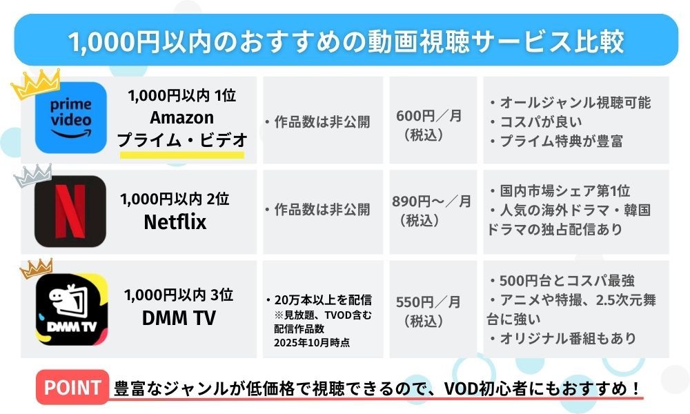 1,000円以内 おすすめ 動画配信サービス